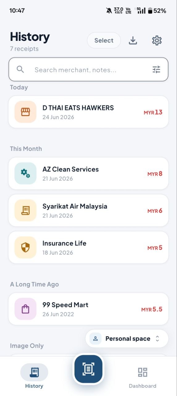 Receiptly app showing a list of scanned receipts